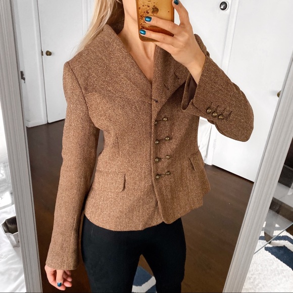 🍂 H&M BROWN HERRINGBONE WOOL BLEND BLAZER JACKET! - Picture 4 of 15